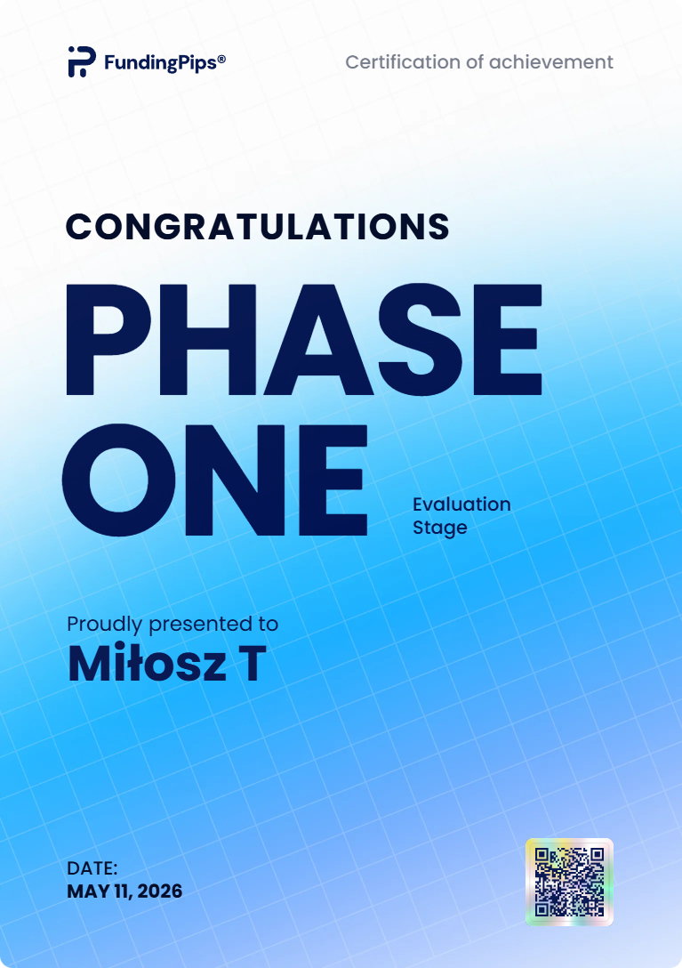 FundingPips Phase One certificate 50 000 USD — Miłosz T, 11 MAY 2026